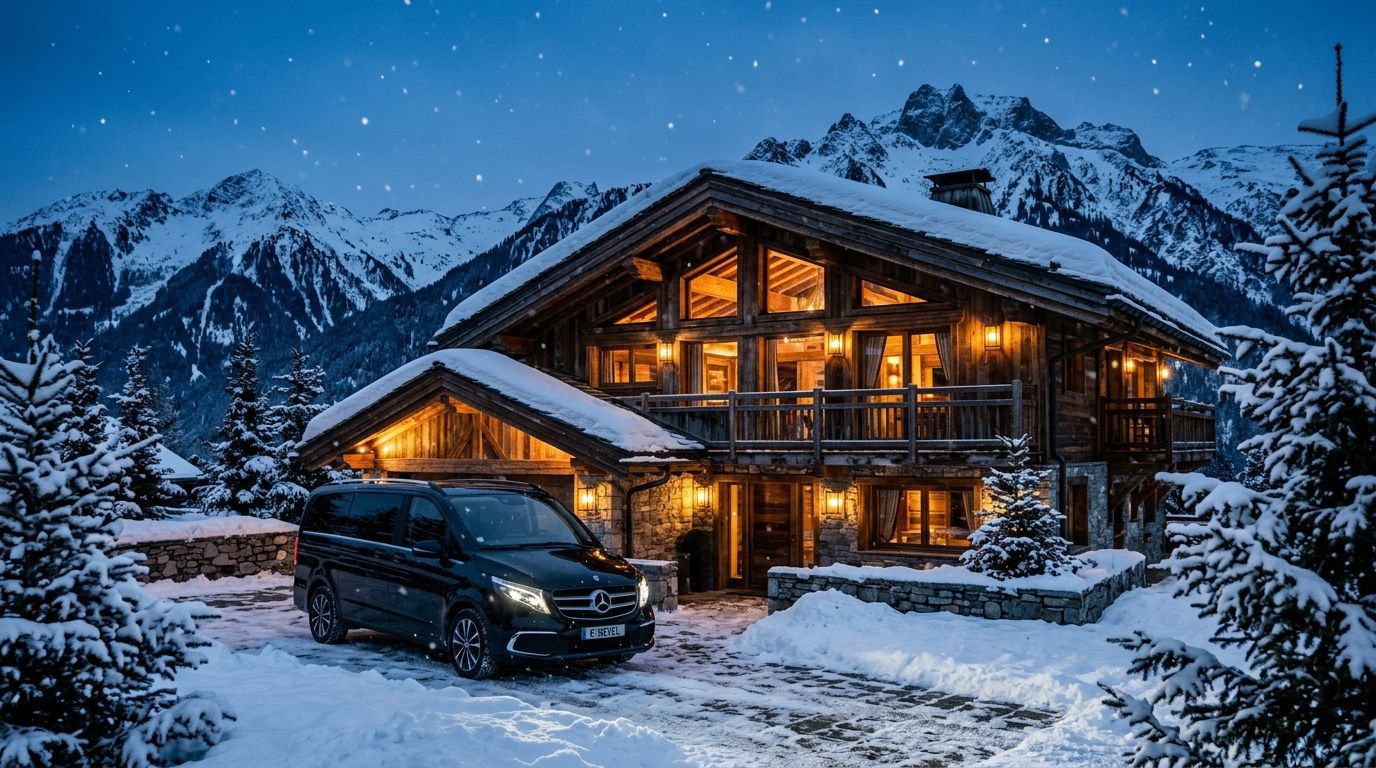 Chalet de Courchevel sous la neige avec Mercedes Classe V