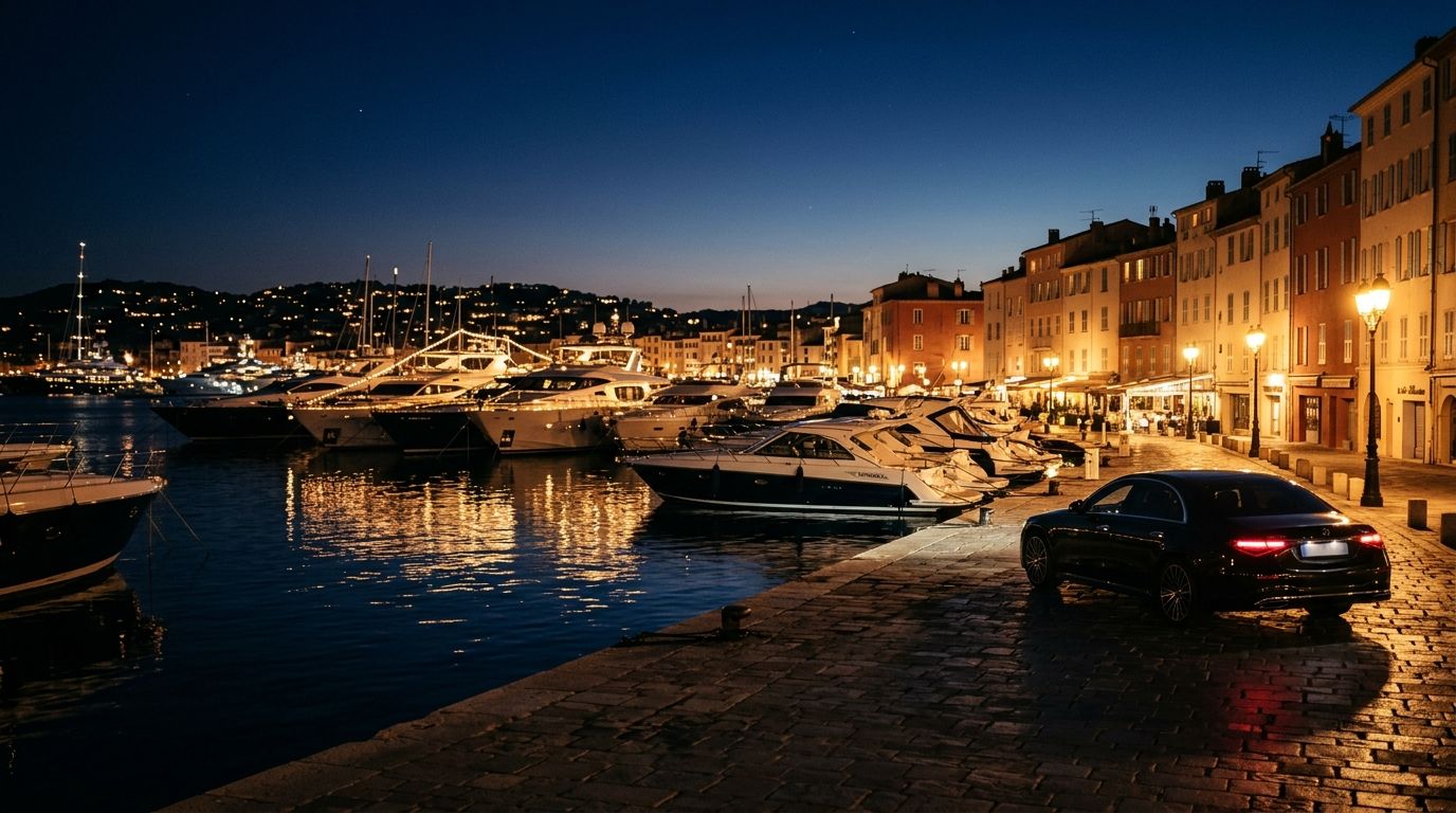Mercedes Classe S sur le port de Saint-Tropez de nuit avec yachts